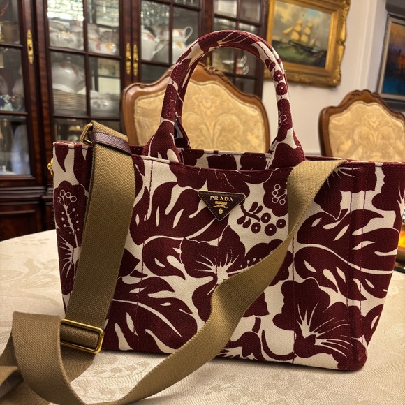Prada Canapa Small Tote Bag – Burgundy & White Hibiscus Print - Picture 2 of 6